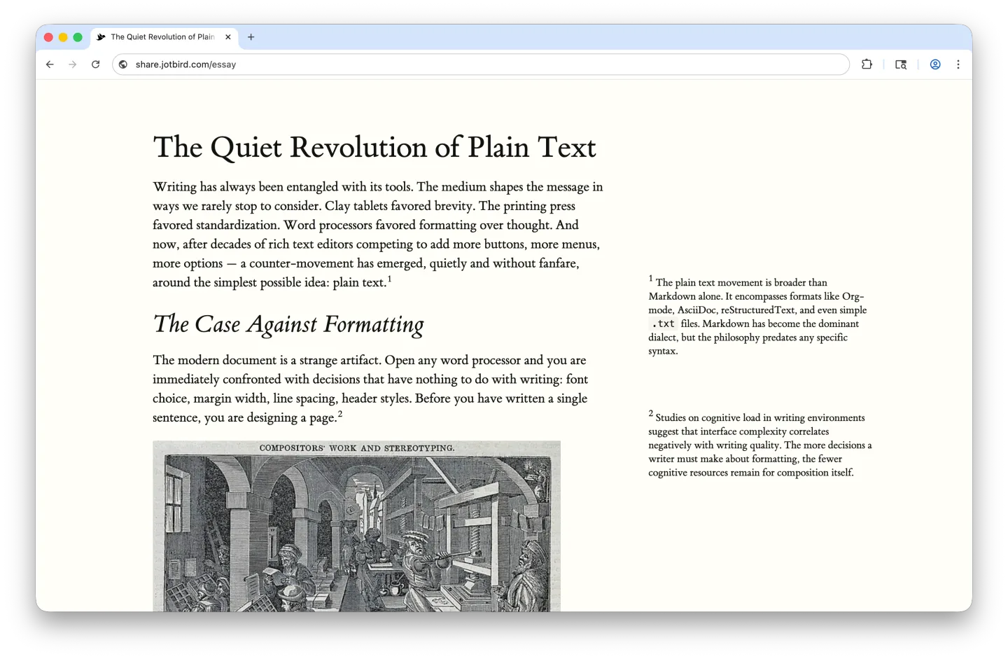Essay theme showing a long-form article with serif typography and margin sidenotes